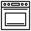 Black and white line drawing of a kitchen oven with control knobs. Black and white line drawing of a kitchen oven with control knobs.